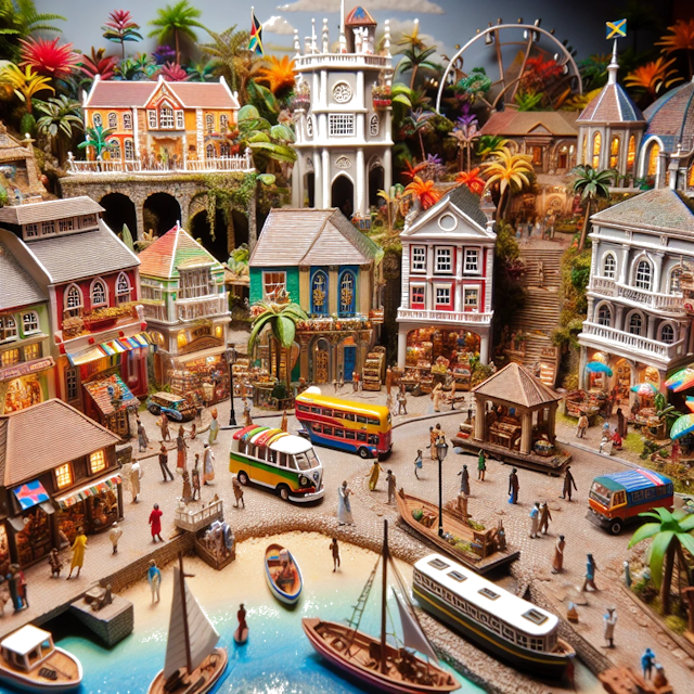 Create an image of intricate miniature model scene that encapsulates the vibrant essence and unique characteristics of Country Jamaïque, styled to echo the fascinating detail and whimsy of Miniatur World.