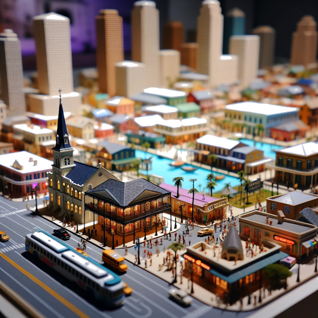 Create an image of intricate miniature model scene that encapsulates the vibrant essence and unique characteristics of City Louisiane, in country États-Unis d'Amérique styled to echo the fascinating detail and whimsy of Miniatur World.