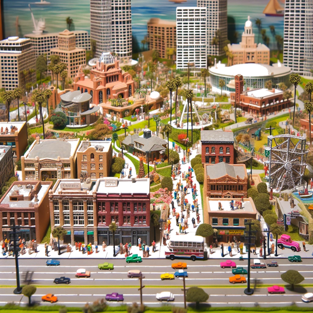 Create an image of intricate miniature model scene that encapsulates the vibrant essence and unique characteristics of City Costa Mesa, in country Californie styled to echo the fascinating detail and whimsy of Miniatur World.