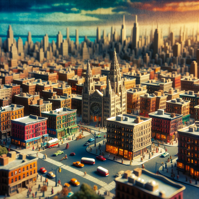 Create an image of intricate miniature model scene that encapsulates the vibrant essence and unique characteristics of City Harlem, New York, in country Verenigde Staten styled to echo the fascinating detail and whimsy of Miniatur World.