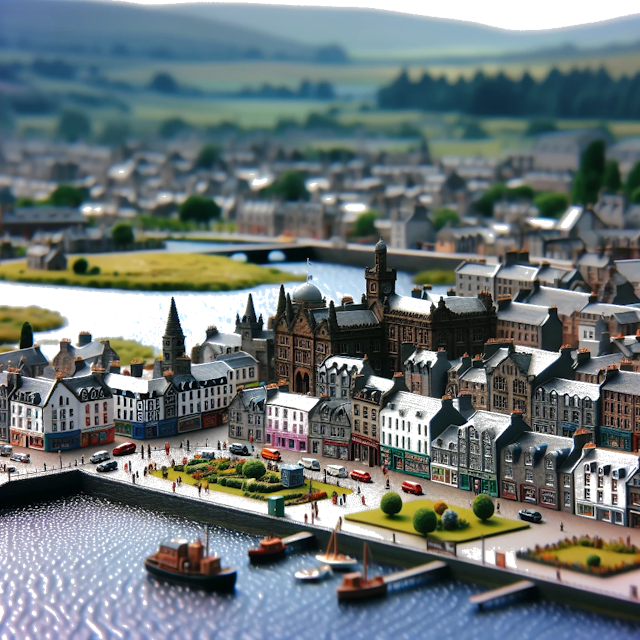 Create an image of intricate miniature model scene that encapsulates the vibrant essence and unique characteristics of City Dumfries, in country Escócia styled to echo the fascinating detail and whimsy of Miniatur World.