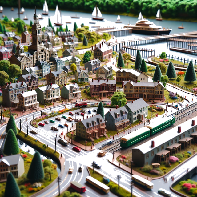 Create an image of intricate miniature model scene that encapsulates the vibrant essence and unique characteristics of City Condado de Monmouth, in country Nueva Jersey styled to echo the fascinating detail and whimsy of Miniatur World.