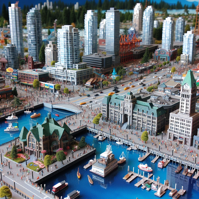 Create an image of intricate miniature model scene that encapsulates the vibrant essence and unique characteristics of City Vancouver, in country Kanada styled to echo the fascinating detail and whimsy of Miniatur World.