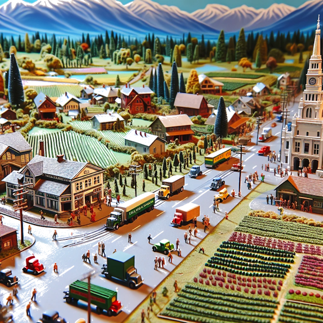 Create an image of intricate miniature model scene that encapsulates the vibrant essence and unique characteristics of City Abbotsford, British Columbia, in country Canada styled to echo the fascinating detail and whimsy of Miniatur World.