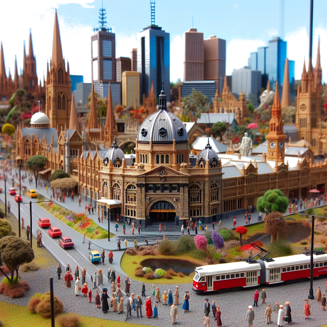 Create an image of intricate miniature model scene that encapsulates the vibrant essence and unique characteristics of City Melbourne, in country Australië styled to echo the fascinating detail and whimsy of Miniatur World.