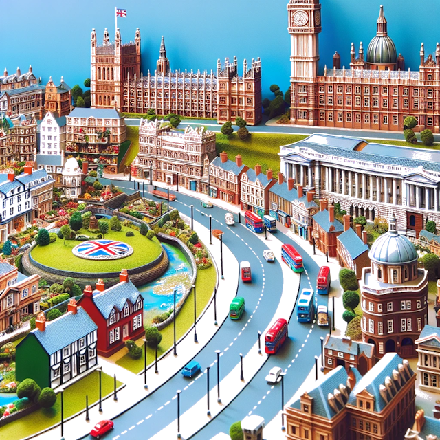 Create an image of intricate miniature model scene that encapsulates the vibrant essence and unique characteristics of Country Angleterre, styled to echo the fascinating detail and whimsy of Miniatur World.