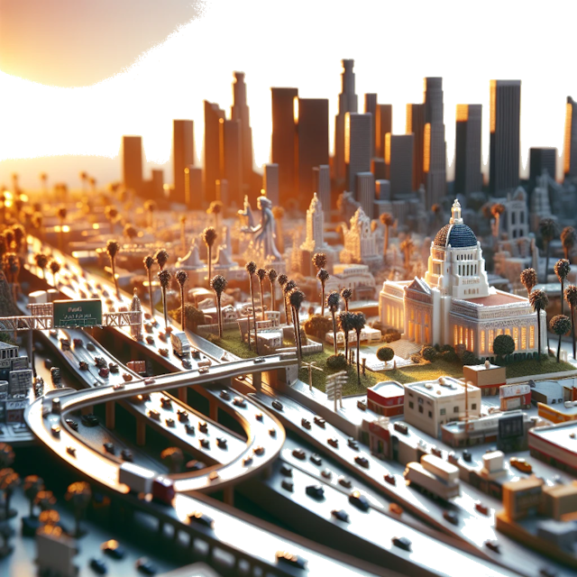 Create an image of intricate miniature model scene that encapsulates the vibrant essence and unique characteristics of City Los Ángeles, in country California styled to echo the fascinating detail and whimsy of Miniatur World.