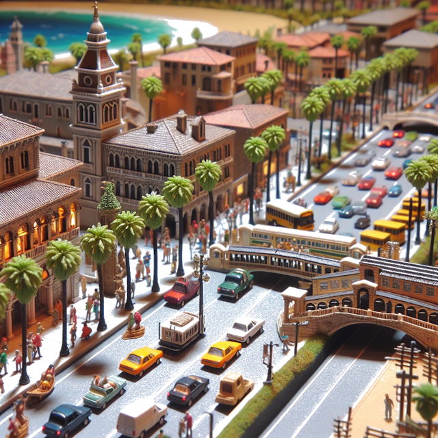 Create an image of intricate miniature model scene that encapsulates the vibrant essence and unique characteristics of City Venetië, in country Californië styled to echo the fascinating detail and whimsy of Miniatur World.