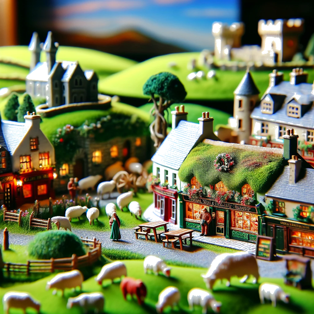 Create an image of intricate miniature model scene that encapsulates the vibrant essence and unique characteristics of Country Irlanda, styled to echo the fascinating detail and whimsy of Miniatur World.