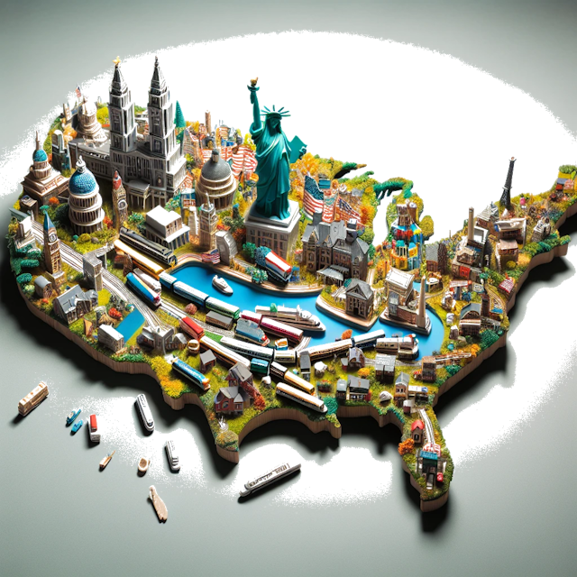 Create an image of intricate miniature model scene that encapsulates the vibrant essence and unique characteristics of Country Estados Unidos, styled to echo the fascinating detail and whimsy of Miniatur World.
