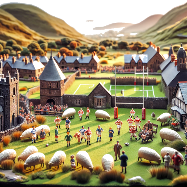 Create an image of intricate miniature model scene that encapsulates the vibrant essence and unique characteristics of Country País de Gales, styled to echo the fascinating detail and whimsy of Miniatur World.