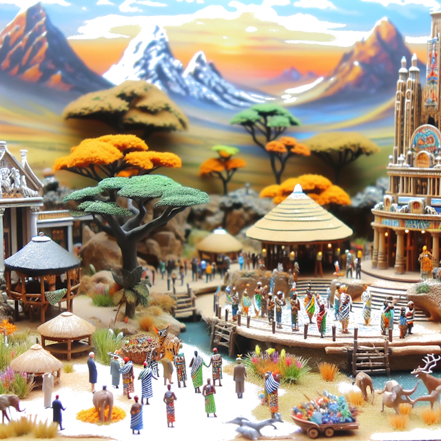 Create an image of intricate miniature model scene that encapsulates the vibrant essence and unique characteristics of Country Afrique du Sud, styled to echo the fascinating detail and whimsy of Miniatur World.