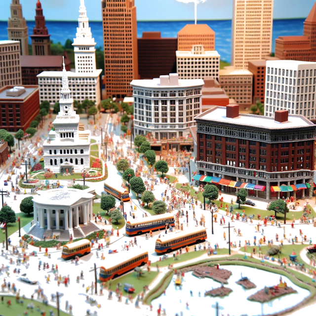 Create an image of intricate miniature model scene that encapsulates the vibrant essence and unique characteristics of City Cleveland, in country Ohio styled to echo the fascinating detail and whimsy of Miniatur World.