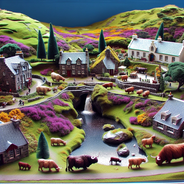 Create an image of intricate miniature model scene that encapsulates the vibrant essence and unique characteristics of Country Schottland, styled to echo the fascinating detail and whimsy of Miniatur World.