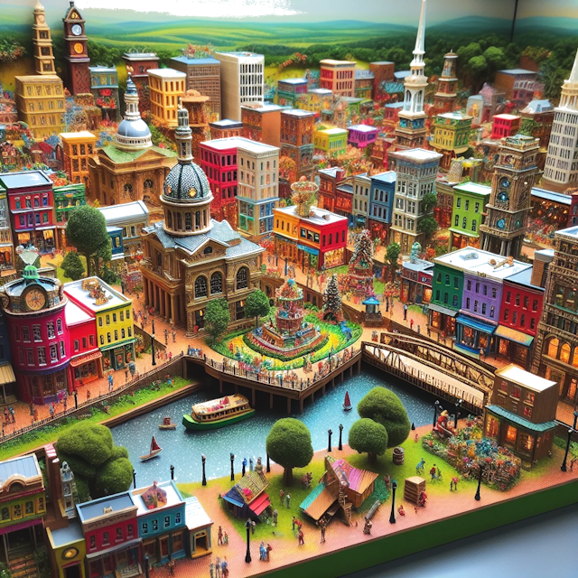 Create an image of intricate miniature model scene that encapsulates the vibrant essence and unique characteristics of City Richmond, in country Virginie styled to echo the fascinating detail and whimsy of Miniatur World.