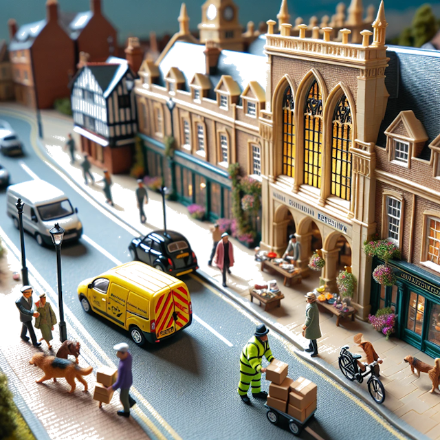 Create an image of intricate miniature model scene that encapsulates the vibrant essence and unique characteristics of City Wokingham, Berkshire, in country England styled to echo the fascinating detail and whimsy of Miniatur World.