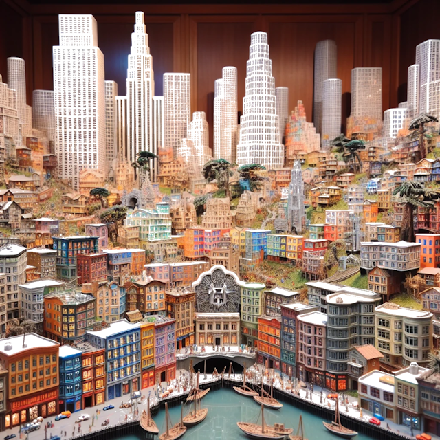 Create an image of intricate miniature model scene that encapsulates the vibrant essence and unique characteristics of City Estados Unidos, in country Área de la Bahía styled to echo the fascinating detail and whimsy of Miniatur World.