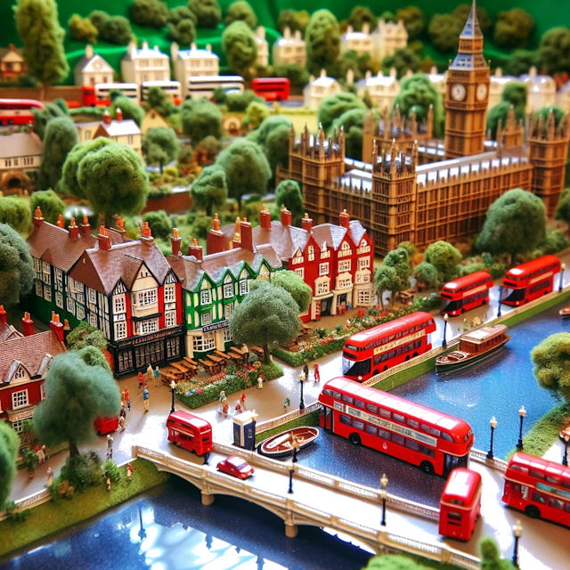 Create an image of intricate miniature model scene that encapsulates the vibrant essence and unique characteristics of City London, in country England styled to echo the fascinating detail and whimsy of Miniatur World.