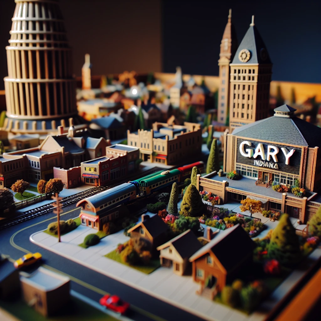 Create an image of intricate miniature model scene that encapsulates the vibrant essence and unique characteristics of City Gary, in country Indiana styled to echo the fascinating detail and whimsy of Miniatur World.