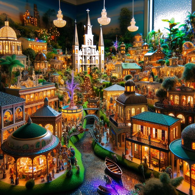 Create an image of intricate miniature model scene that encapsulates the vibrant essence and unique characteristics of City Lafayette, in country Louisiana styled to echo the fascinating detail and whimsy of Miniatur World.