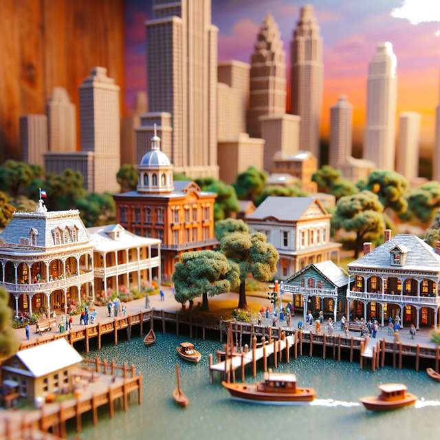 Create an image of intricate miniature model scene that encapsulates the vibrant essence and unique characteristics of City Bay City, in country Texas styled to echo the fascinating detail and whimsy of Miniatur World.