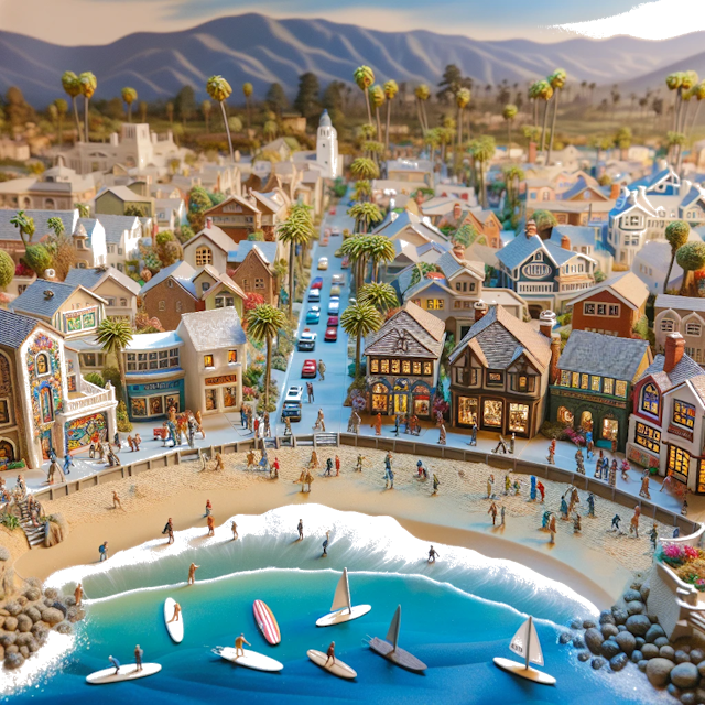 Create an image of intricate miniature model scene that encapsulates the vibrant essence and unique characteristics of City Laguna Beach, in country Californië styled to echo the fascinating detail and whimsy of Miniatur World.