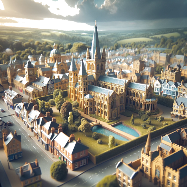 Create an image of intricate miniature model scene that encapsulates the vibrant essence and unique characteristics of City Wokingham, Berkshire, in country Engeland styled to echo the fascinating detail and whimsy of Miniatur World.