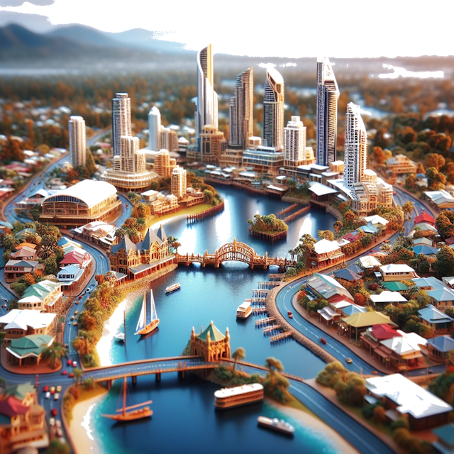 Create an image of intricate miniature model scene that encapsulates the vibrant essence and unique characteristics of City Gold Coast, in country Queensland styled to echo the fascinating detail and whimsy of Miniatur World.