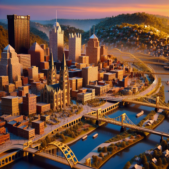 Create an image of intricate miniature model scene that encapsulates the vibrant essence and unique characteristics of City Pittsburgh, in country Pensilvânia styled to echo the fascinating detail and whimsy of Miniatur World.