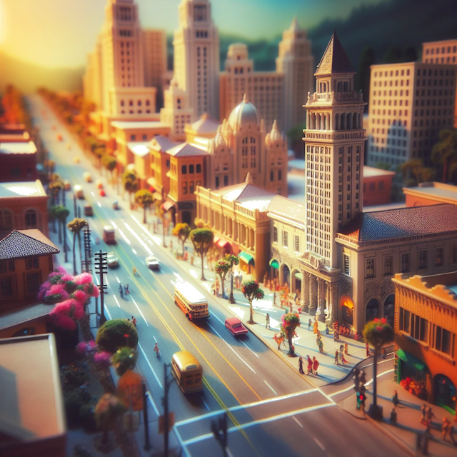 Create an image of intricate miniature model scene that encapsulates the vibrant essence and unique characteristics of City Califórnia, in country Estados Unidos styled to echo the fascinating detail and whimsy of Miniatur World.