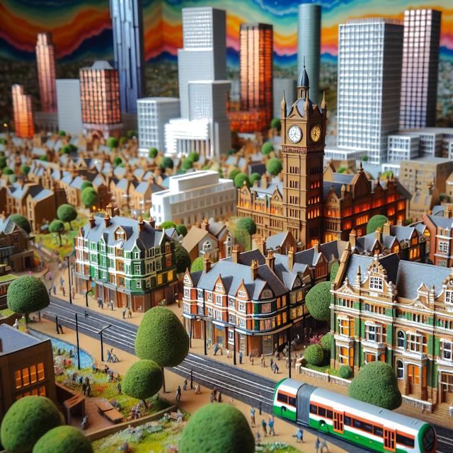 Create an image of intricate miniature model scene that encapsulates the vibrant essence and unique characteristics of City Croydon, in country Inghilterra styled to echo the fascinating detail and whimsy of Miniatur World.