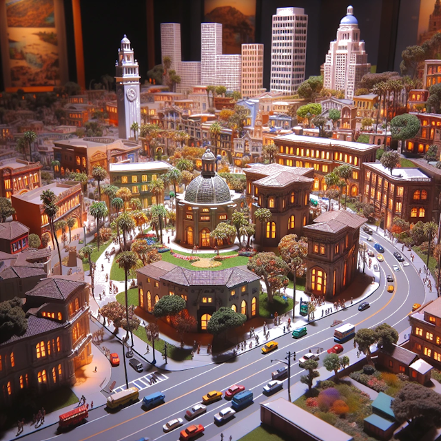 Create an image of intricate miniature model scene that encapsulates the vibrant essence and unique characteristics of City California, in country Verenigde Staten styled to echo the fascinating detail and whimsy of Miniatur World.