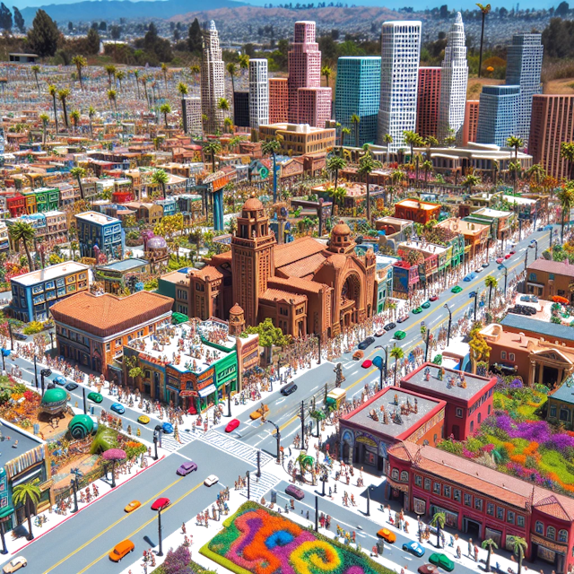 Create an image of intricate miniature model scene that encapsulates the vibrant essence and unique characteristics of City Kalifornien, in country USA styled to echo the fascinating detail and whimsy of Miniatur World.