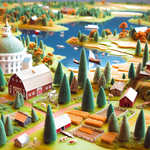 Create an image of intricate miniature model scene that encapsulates the vibrant essence and unique characteristics of Country Minnesota, styled to echo the fascinating detail and whimsy of Miniatur World.