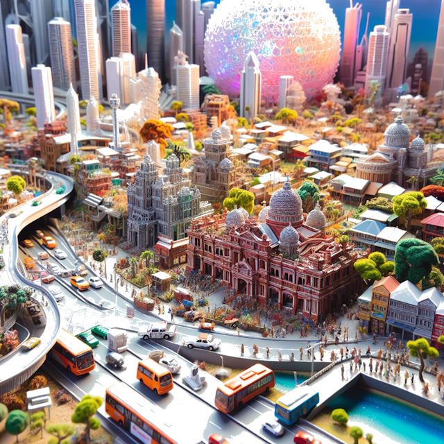 Create an image of intricate miniature model scene that encapsulates the vibrant essence and unique characteristics of City Brisbane, in country Australië styled to echo the fascinating detail and whimsy of Miniatur World.