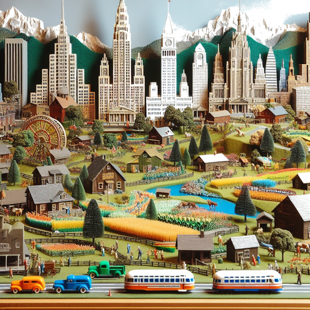 Create an image of intricate miniature model scene that encapsulates the vibrant essence and unique characteristics of Country United States, styled to echo the fascinating detail and whimsy of Miniatur World.