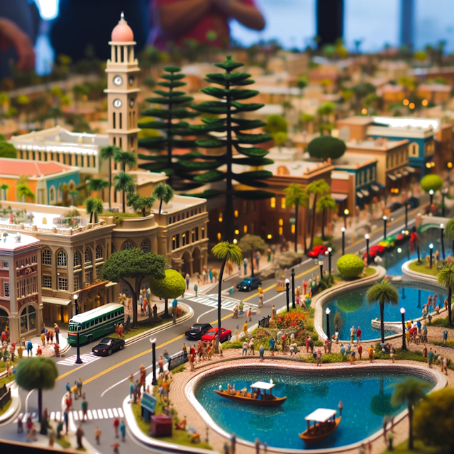 Create an image of intricate miniature model scene that encapsulates the vibrant essence and unique characteristics of City Pembroke Pines, in country Florida styled to echo the fascinating detail and whimsy of Miniatur World.