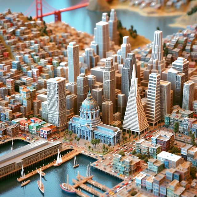 Create an image of intricate miniature model scene that encapsulates the vibrant essence and unique characteristics of City États-Unis, in country San Francisco styled to echo the fascinating detail and whimsy of Miniatur World.