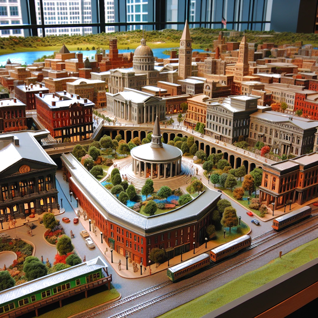 Create an image of intricate miniature model scene that encapsulates the vibrant essence and unique characteristics of City Richmond, in country Virginia styled to echo the fascinating detail and whimsy of Miniatur World.