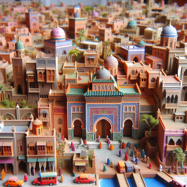 Create an image of intricate miniature model scene that encapsulates the vibrant essence and unique characteristics of City Marruecos, in country St. Catharines styled to echo the fascinating detail and whimsy of Miniatur World.