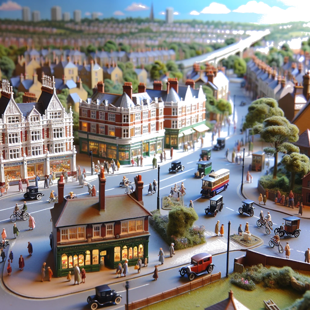Create an image of intricate miniature model scene that encapsulates the vibrant essence and unique characteristics of City Croydon, in country Inglaterra styled to echo the fascinating detail and whimsy of Miniatur World.