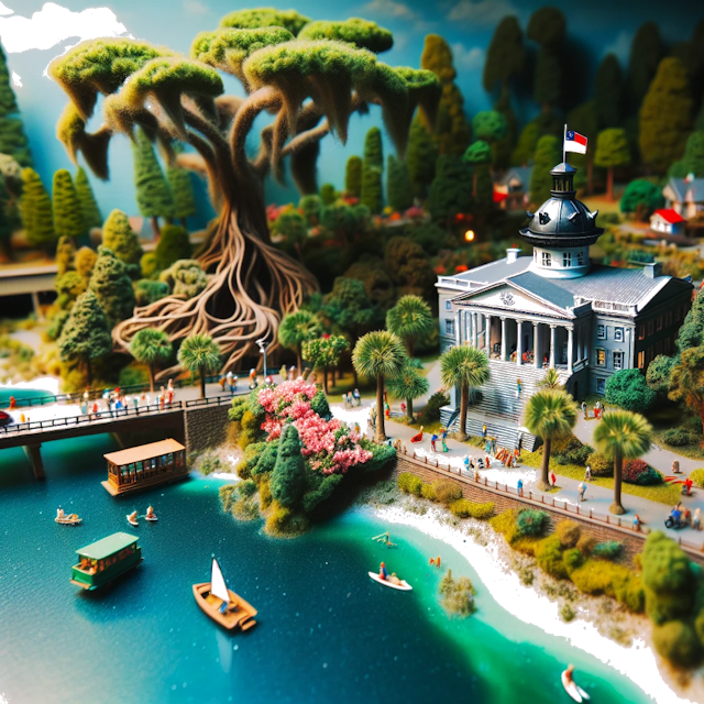 Create an image of intricate miniature model scene that encapsulates the vibrant essence and unique characteristics of Country Carolina del Sud, styled to echo the fascinating detail and whimsy of Miniatur World.