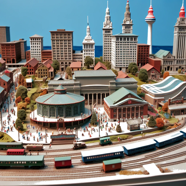 Create an image of intricate miniature model scene that encapsulates the vibrant essence and unique characteristics of City Cleveland, Ohio, in country VS styled to echo the fascinating detail and whimsy of Miniatur World.