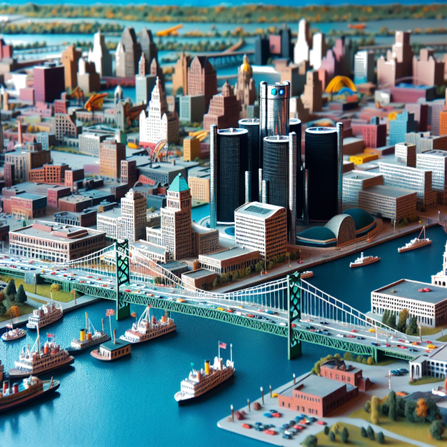 Create an image of intricate miniature model scene that encapsulates the vibrant essence and unique characteristics of City Détroit, in country Michigan styled to echo the fascinating detail and whimsy of Miniatur World.