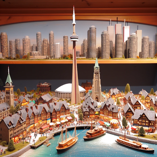 Create an image of intricate miniature model scene that encapsulates the vibrant essence and unique characteristics of City Toronto, in country Ontario styled to echo the fascinating detail and whimsy of Miniatur World.