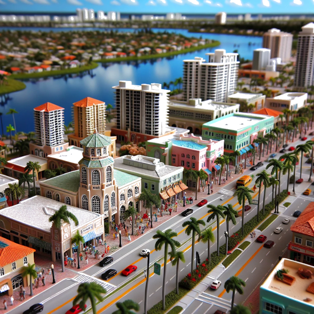Create an image of intricate miniature model scene that encapsulates the vibrant essence and unique characteristics of City Pembroke Pines, in country Flórida styled to echo the fascinating detail and whimsy of Miniatur World.