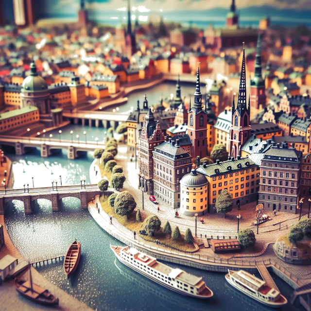 Create an image of intricate miniature model scene that encapsulates the vibrant essence and unique characteristics of City Stockholm, in country Suède styled to echo the fascinating detail and whimsy of Miniatur World.