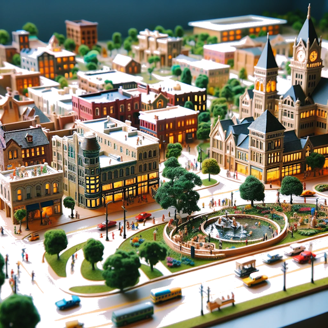 Create an image of intricate miniature model scene that encapsulates the vibrant essence and unique characteristics of City Vereinigte Staaten, in country Meridian styled to echo the fascinating detail and whimsy of Miniatur World.