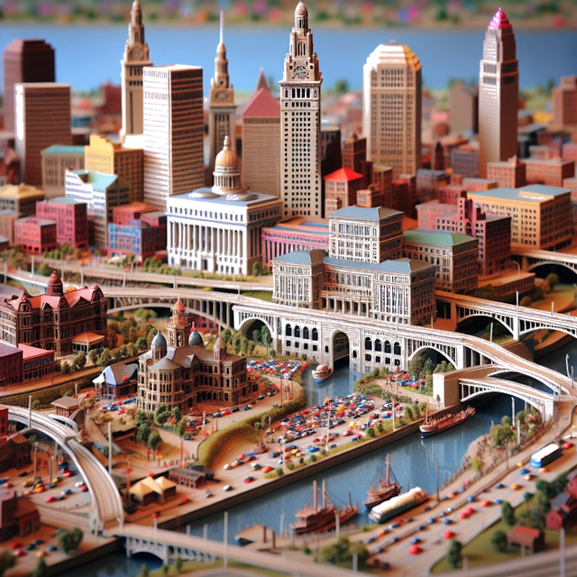 Create an image of intricate miniature model scene that encapsulates the vibrant essence and unique characteristics of City Cleveland, Ohio, in country EUA styled to echo the fascinating detail and whimsy of Miniatur World.