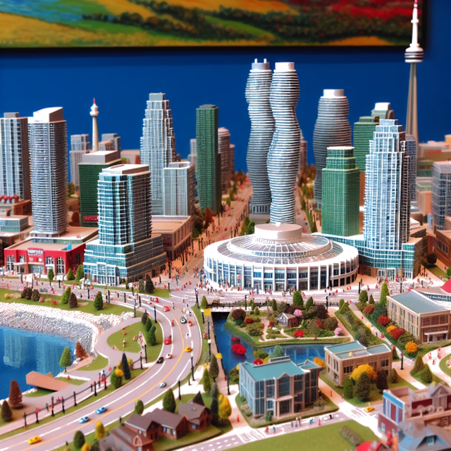 Create an image of intricate miniature model scene that encapsulates the vibrant essence and unique characteristics of City Mississauga, in country Ontario styled to echo the fascinating detail and whimsy of Miniatur World.